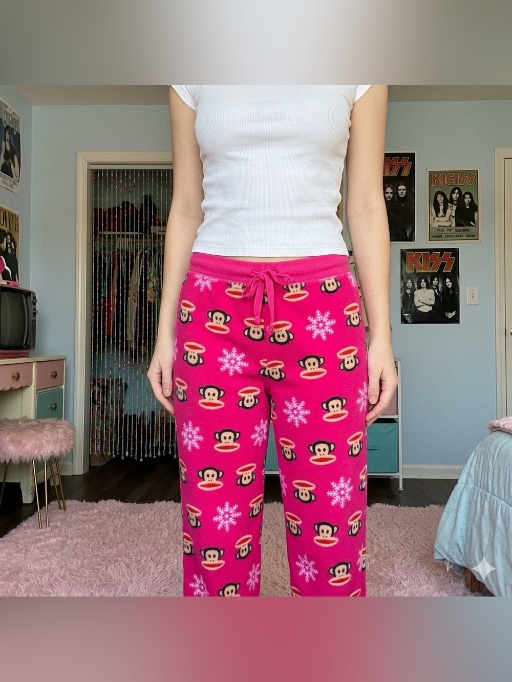 VTG Paul Frank Julius Monkey Snowflake Pink Fleece Pajama Pants Size XS